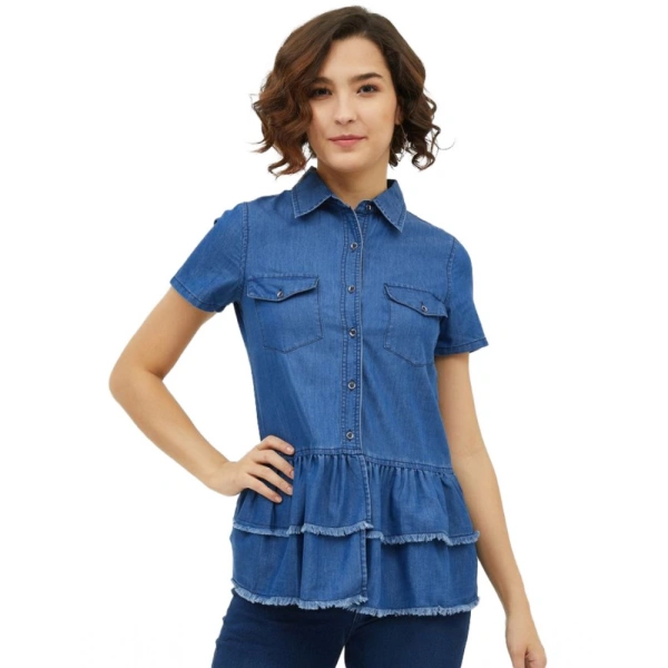 Women's Denim Peplum Short Sleeve Top (Blue) - S