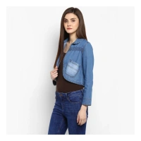 Women's Denim Smocking 3-4th Sleeves Shrug (Blue) - S