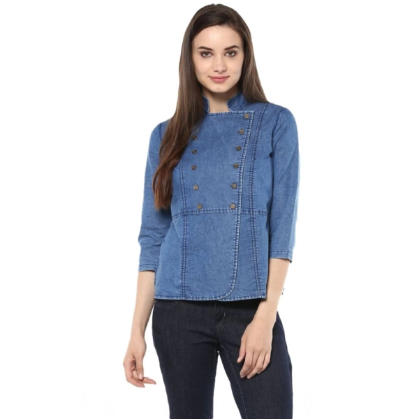 Women's Denim Solid 3-4th Sleeves Regular Top (Blue) - S