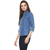 Women's Denim Solid 3-4th Sleeves Regular Top (Blue) - S
