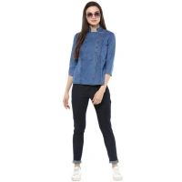Women's Denim Solid 3-4th Sleeves Regular Top (Blue) - S