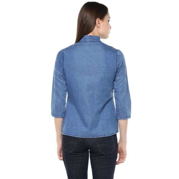 Women's Denim Solid 3-4th Sleeves Regular Top (Blue) - S
