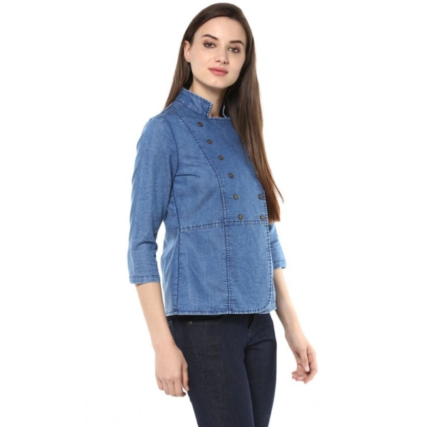 Women's Denim Solid 3-4th Sleeves Regular Top (Blue) - S