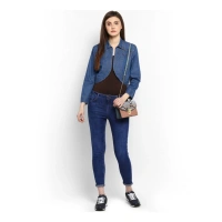 Women's Denim Solid 3-4th Sleeves Shrug (Blue) - M