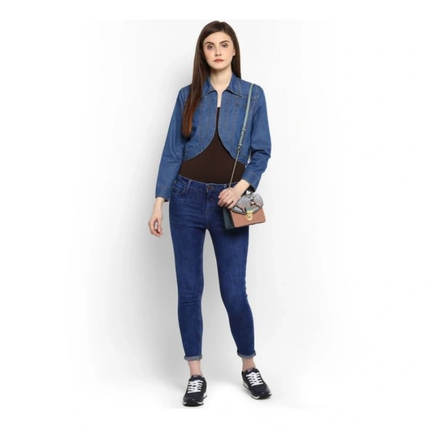 Women's Denim Solid 3-4th Sleeves Shrug (Blue) - M