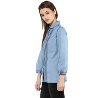 Women's Denim Solid 3-4th Sleeves Standard Length Shirt (Blue) - S