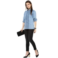 Women's Denim Solid 3-4th Sleeves Standard Length Shirt (Blue) - S
