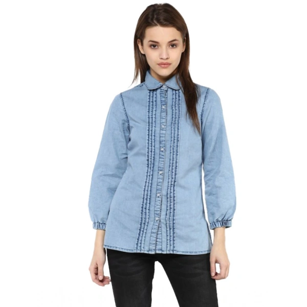 Women's Denim Solid 3-4th Sleeves Standard Length Shirt (Blue) - M