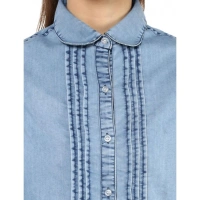 Women's Denim Solid 3-4th Sleeves Standard Length Shirt (Blue) - M