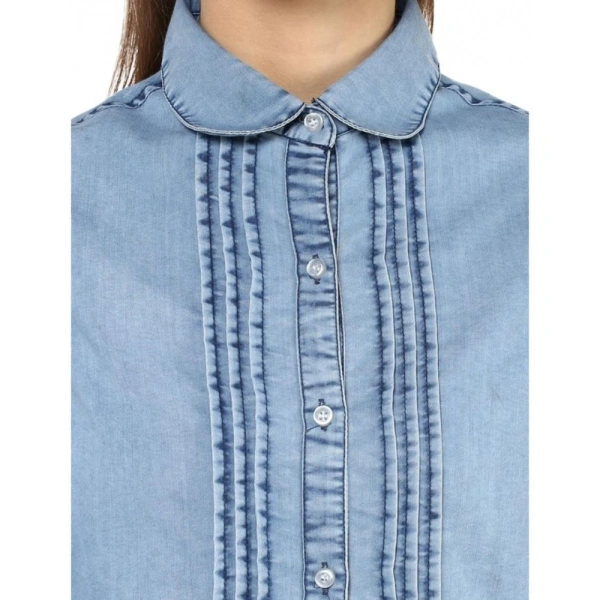 Women's Denim Solid 3-4th Sleeves Standard Length Shirt (Blue) - M