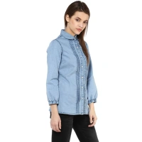 Women's Denim Solid 3-4th Sleeves Standard Length Shirt (Blue) - M