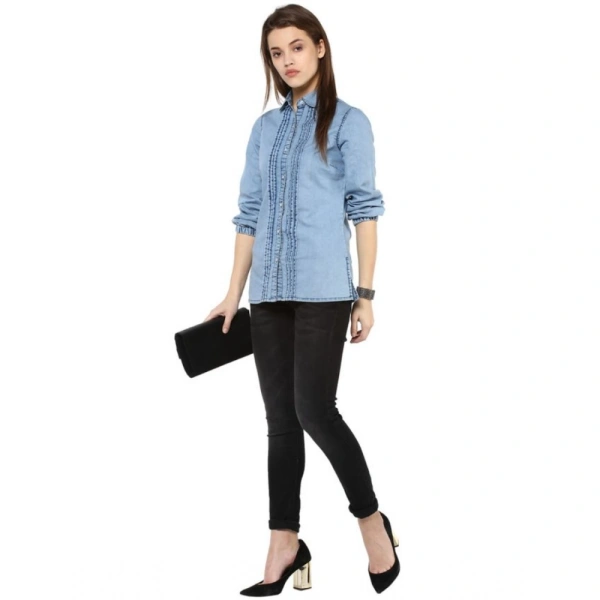 Women's Denim Solid 3-4th Sleeves Standard Length Shirt (Blue) - M
