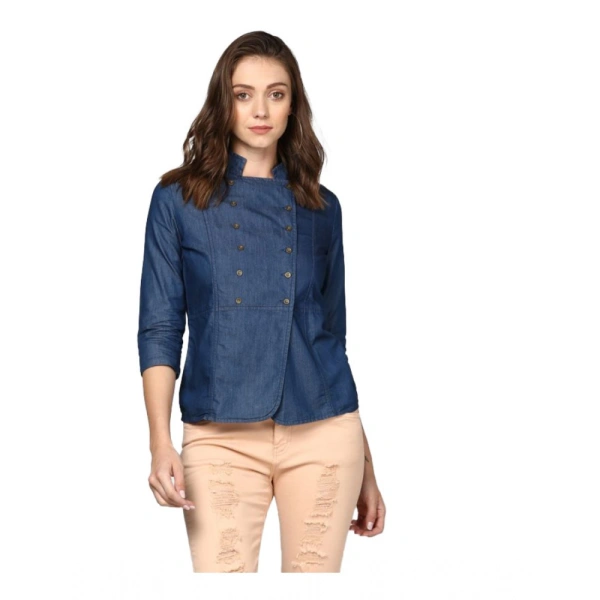 Women's Denim Solid 3-4th Sleeves Top (Blue) - S