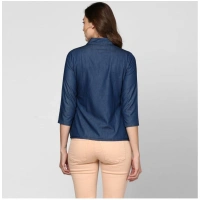 Women's Denim Solid 3-4th Sleeves Top (Blue) - S