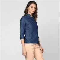 Women's Denim Solid 3-4th Sleeves Top (Blue) - L