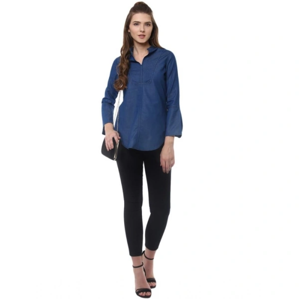 Women's Denim Solid Bell Sleeve Regular Top (Blue Denim) - S