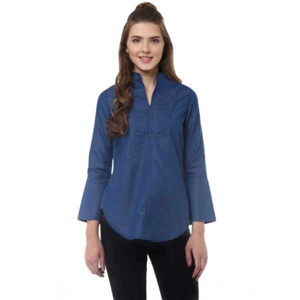 Women's Denim Solid Bell Sleeve Regular Top (Blue Denim) - S