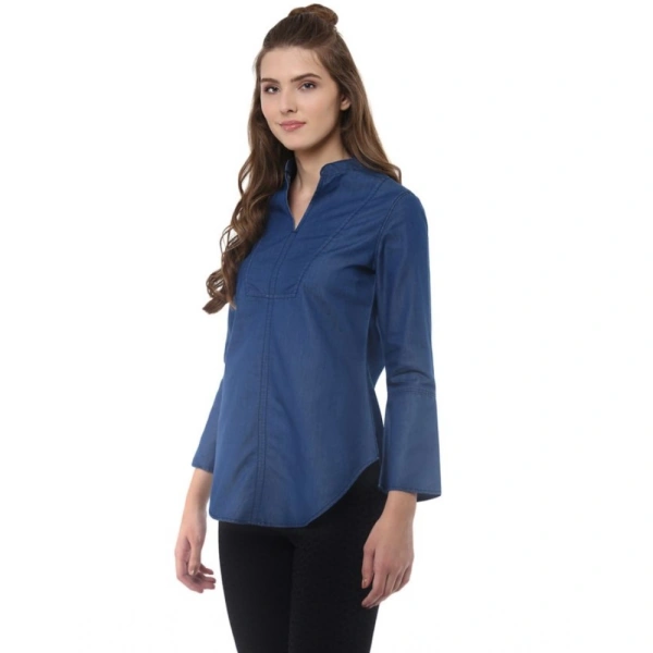 Women's Denim Solid Bell Sleeve Regular Top (Blue Denim) - S