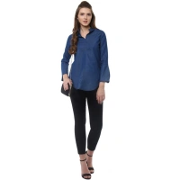 Women's Denim Solid Bell Sleeve Regular Top (Blue Denim) - S