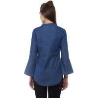 Women's Denim Solid Bell Sleeve Regular Top (Blue Denim) - S
