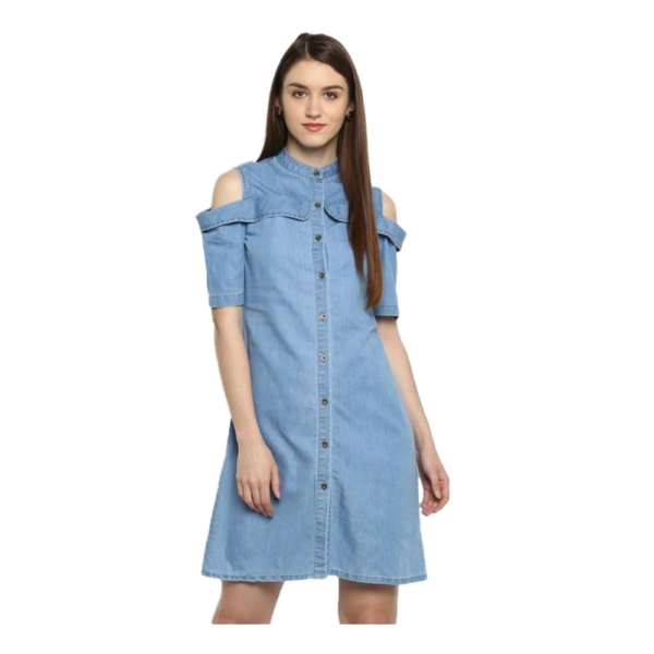 Women's Denim Solid Cold Shoulder Above Knee Dress (Blue) - XL
