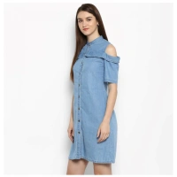 Women's Denim Solid Cold Shoulder Above Knee Dress (Blue) - XL