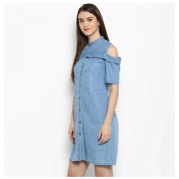 Women's Denim Solid Cold Shoulder Above Knee Dress (Blue) - XL