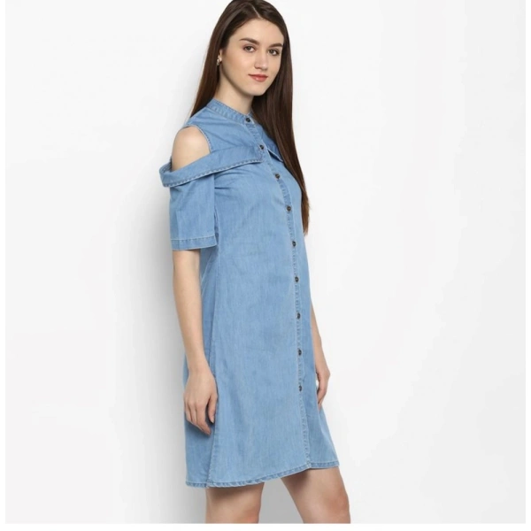Women's Denim Solid Cold Shoulder Above Knee Dress (Blue) - XL