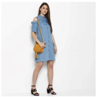 Women's Denim Solid Cold Shoulder Above Knee Dress (Blue) - XL