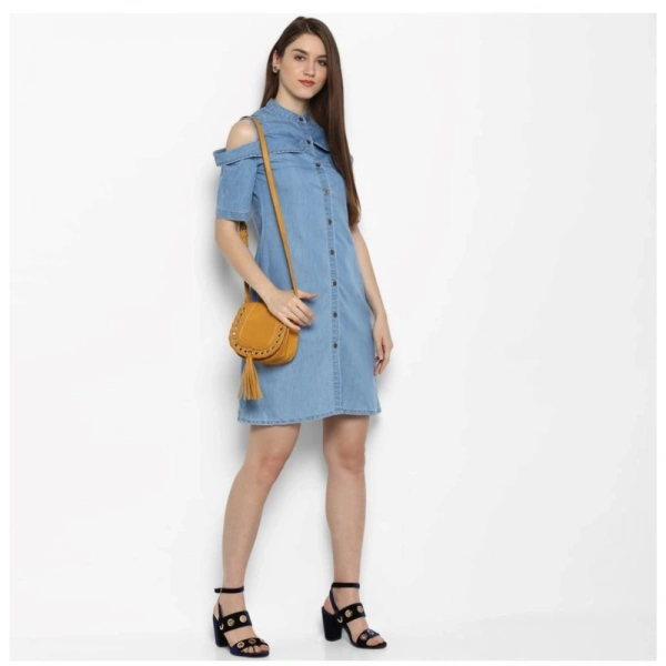 Women's Denim Solid Cold Shoulder Above Knee Dress (Blue) - XL