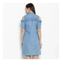 Women's Denim Solid Cold Shoulder Above Knee Dress (Blue) - XL