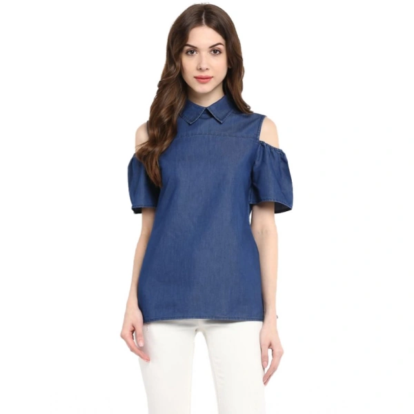Women's Denim Solid Cold Shoulder Regular Top (Blue) - M