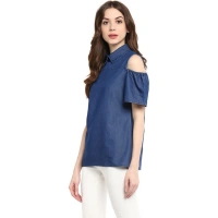 Women's Denim Solid Cold Shoulder Regular Top (Blue) - M