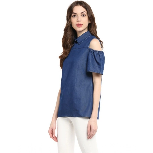 Women's Denim Solid Cold Shoulder Regular Top (Blue) - M