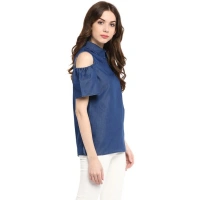 Women's Denim Solid Cold Shoulder Regular Top (Blue) - M