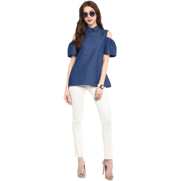 Women's Denim Solid Cold Shoulder Regular Top (Blue) - M
