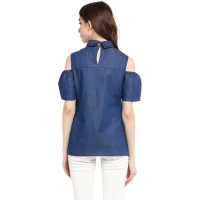 Women's Denim Solid Cold Shoulder Regular Top (Blue) - M
