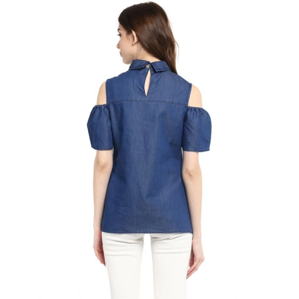 Women's Denim Solid Cold Shoulder Regular Top (Blue) - M