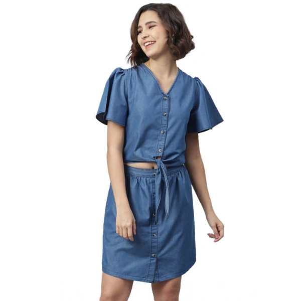 Women's Denim Solid Flutter Above Knee Dress (Blue) - M