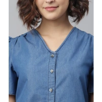 Women's Denim Solid Flutter Above Knee Dress (Blue) - M