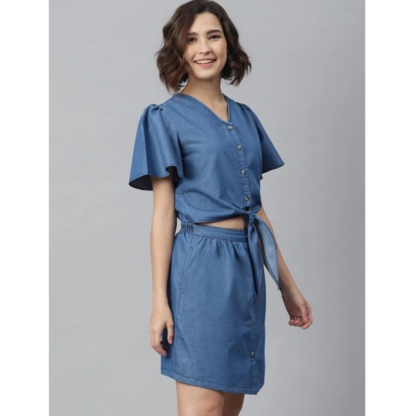 Women's Denim Solid Flutter Above Knee Dress (Blue) - M