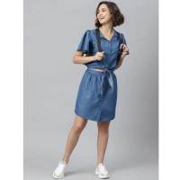 Women's Denim Solid Flutter Above Knee Dress (Blue) - M