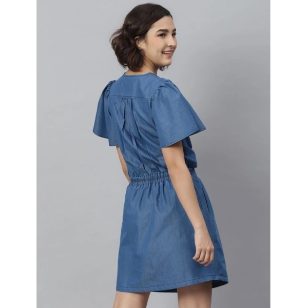 Women's Denim Solid Flutter Above Knee Dress (Blue) - M