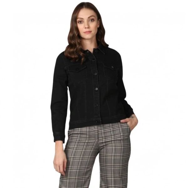 Shopnav Women's Denim Solid Long Sleeve Jacket (Black) - XL