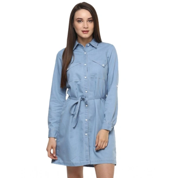 Women's Denim Solid Long Sleeves Above Knee Dress (Blue) - S