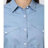Women's Denim Solid Long Sleeves Above Knee Dress (Blue) - S