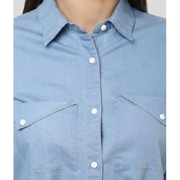 Women's Denim Solid Long Sleeves Above Knee Dress (Blue) - S