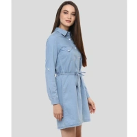 Women's Denim Solid Long Sleeves Above Knee Dress (Blue) - S