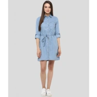 Women's Denim Solid Long Sleeves Above Knee Dress (Blue) - S