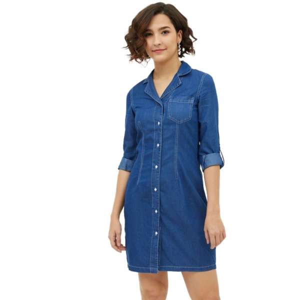Women's Denim Solid Long Sleeves Above Knee Dress (Blue) - M